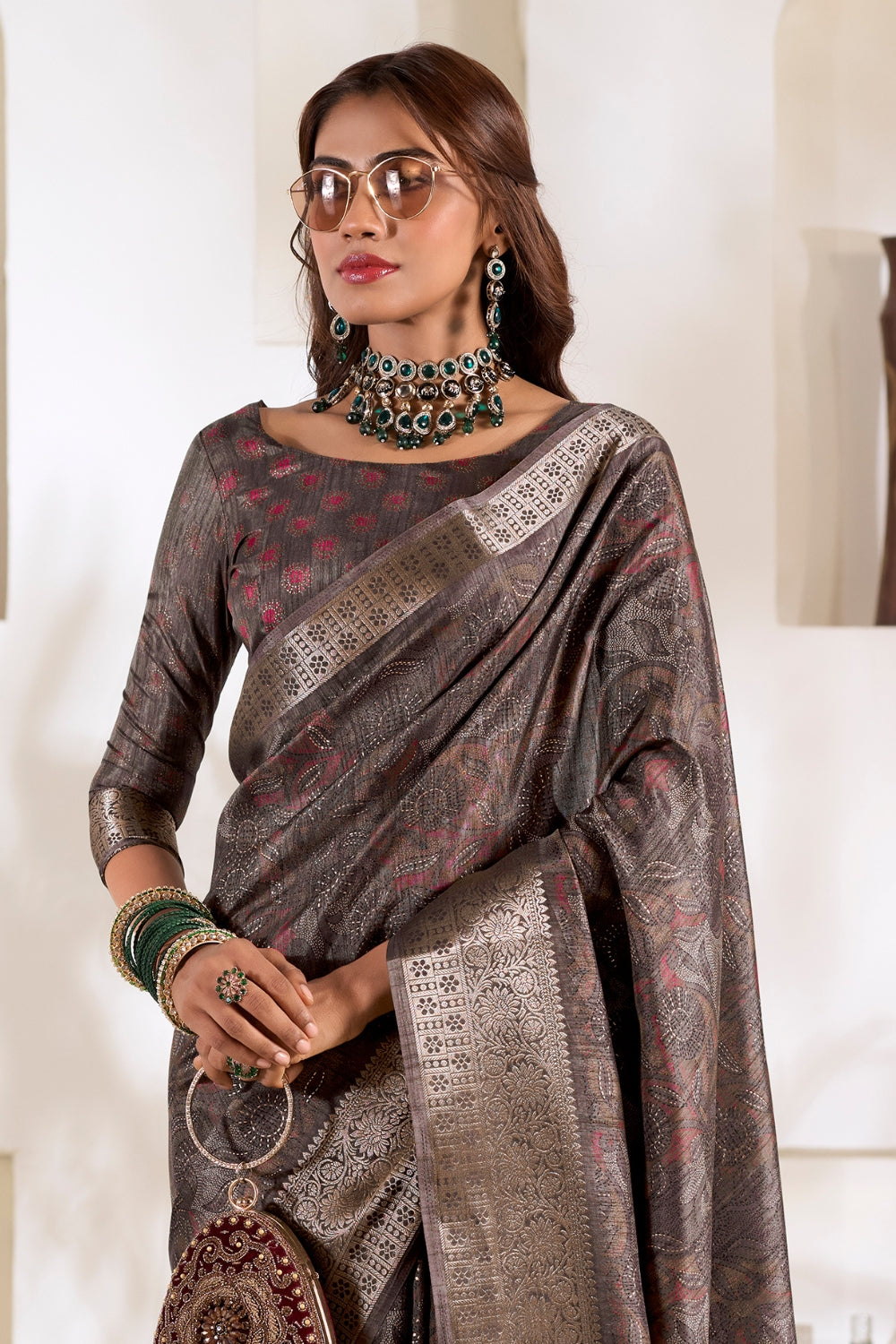 Black Soft Dola With Foil Print Saree