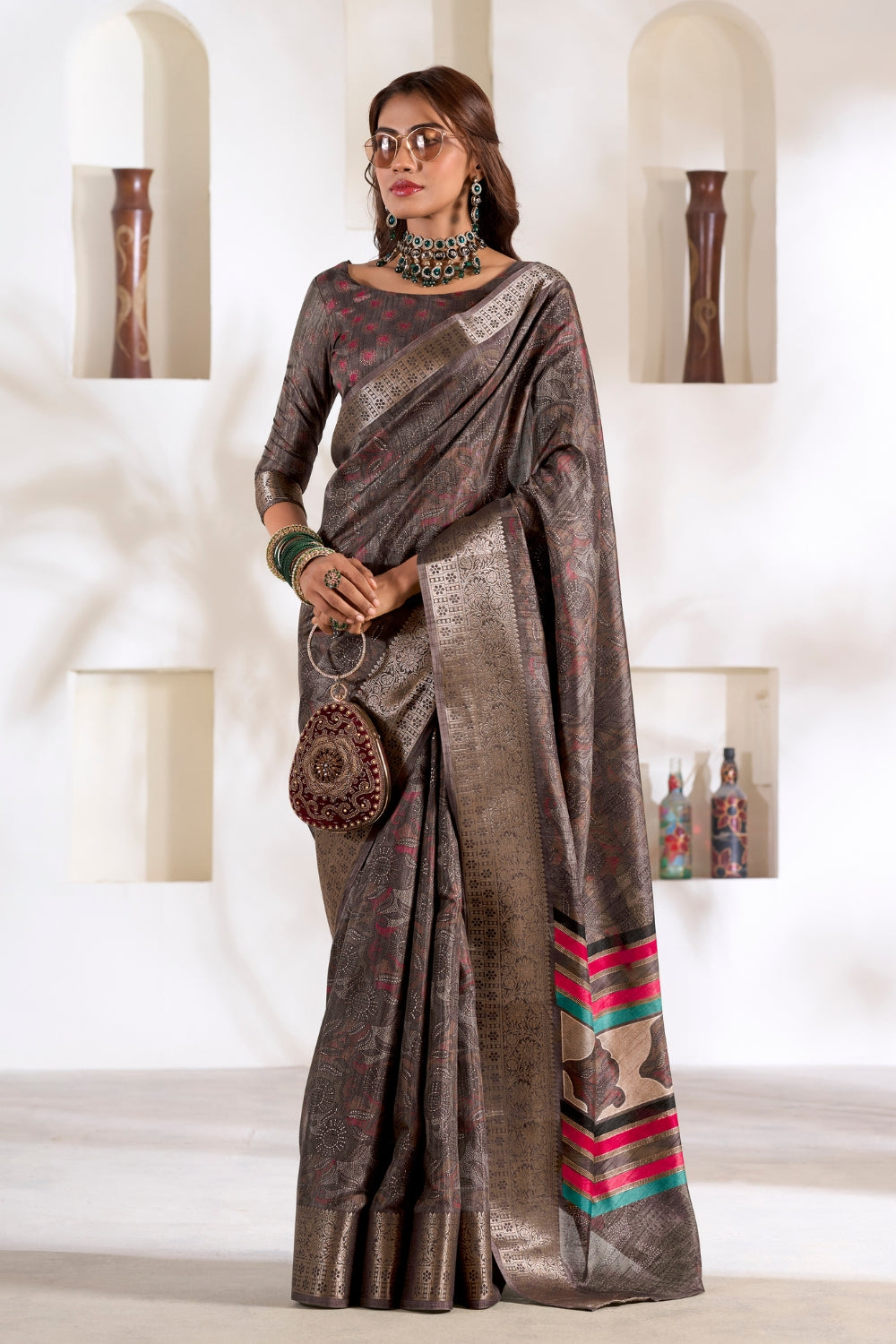 Black Soft Dola With Foil Print Saree