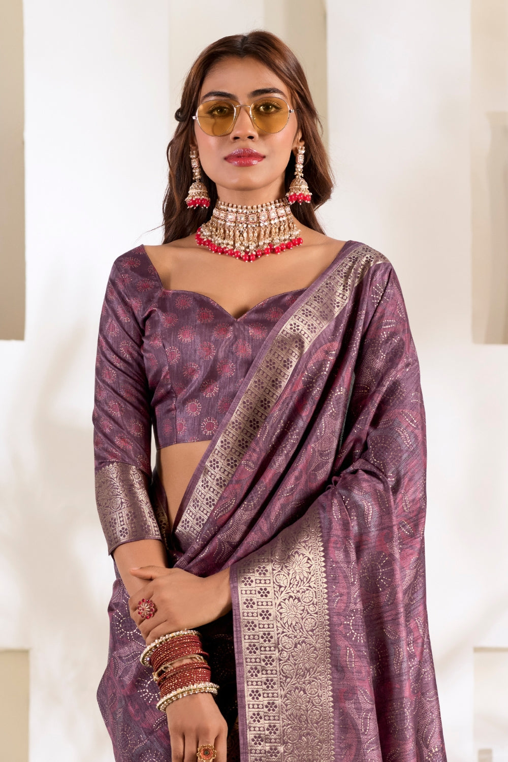 Purple Soft Dola With Foil Print Saree