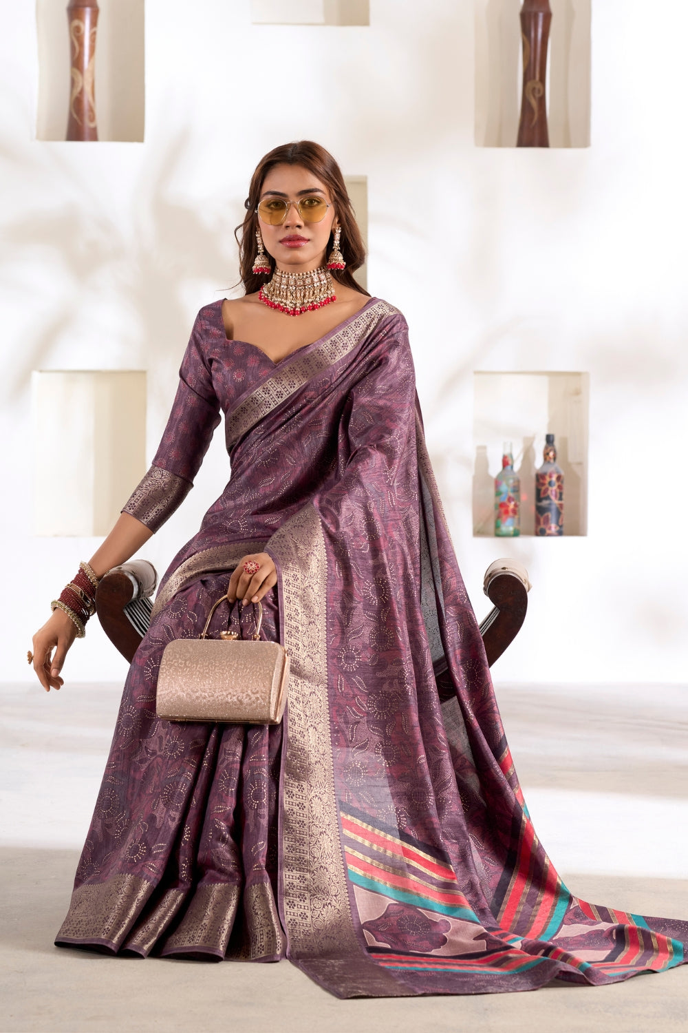 Purple Soft Dola With Foil Print Saree