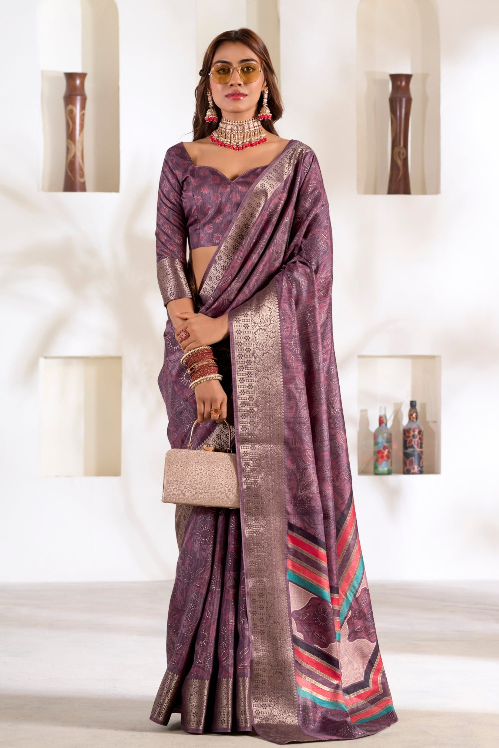 Purple Soft Dola With Foil Print Saree