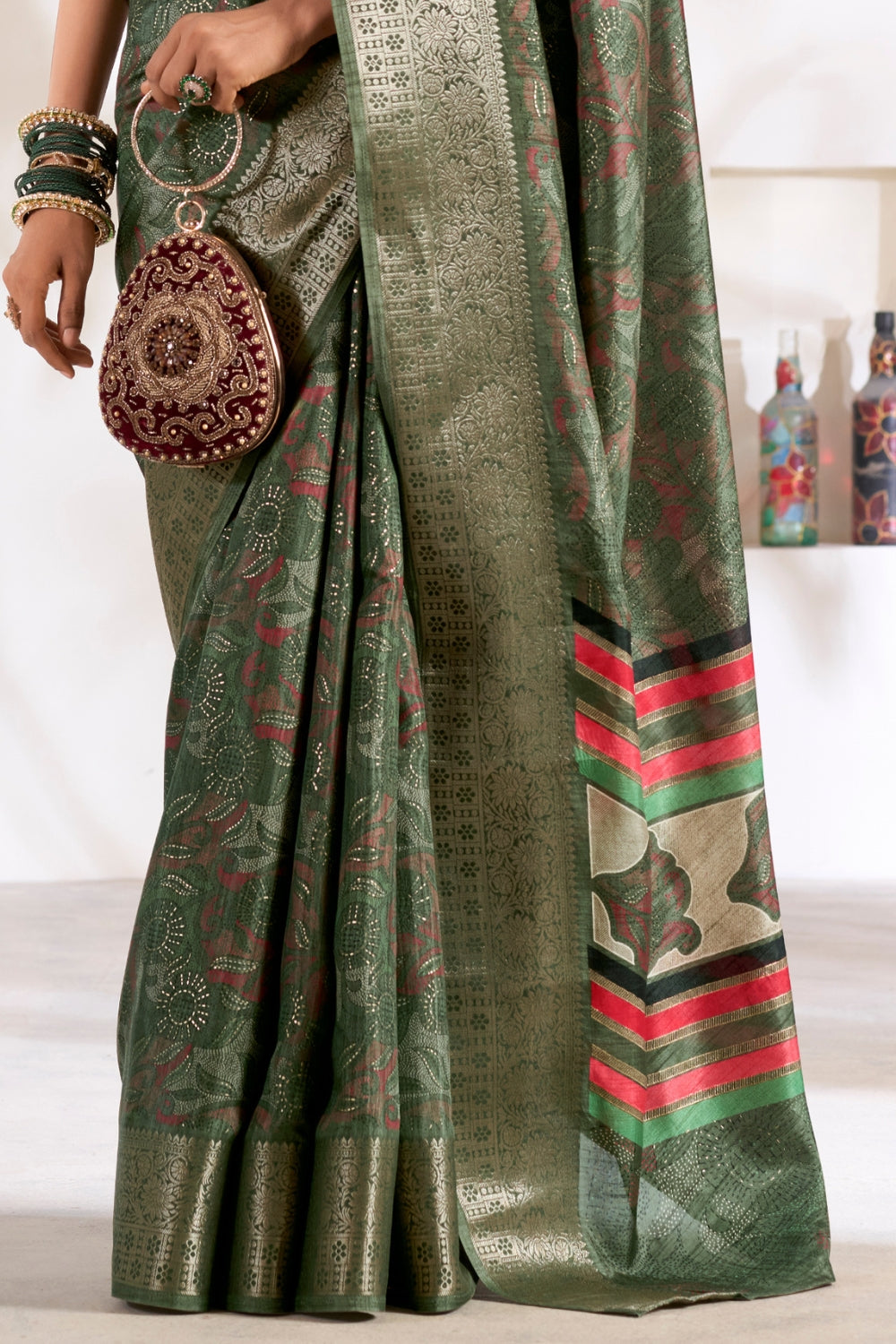 Green Soft Dola With Foil Print Saree