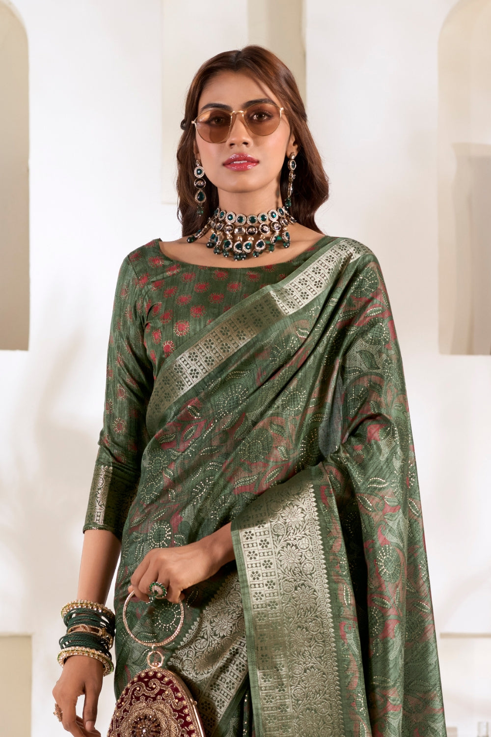 Green Soft Dola With Foil Print Saree