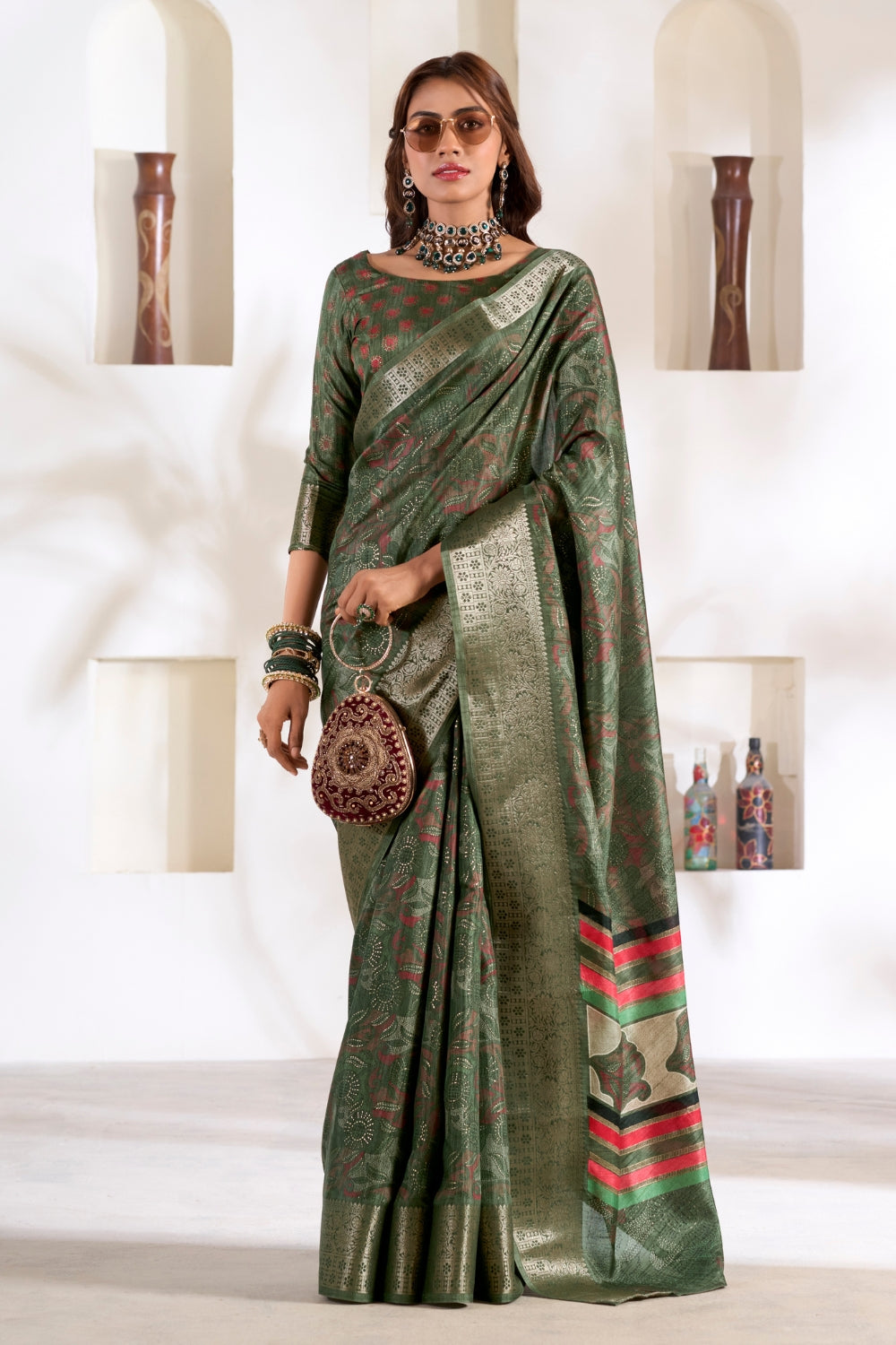 Green Soft Dola With Foil Print Saree