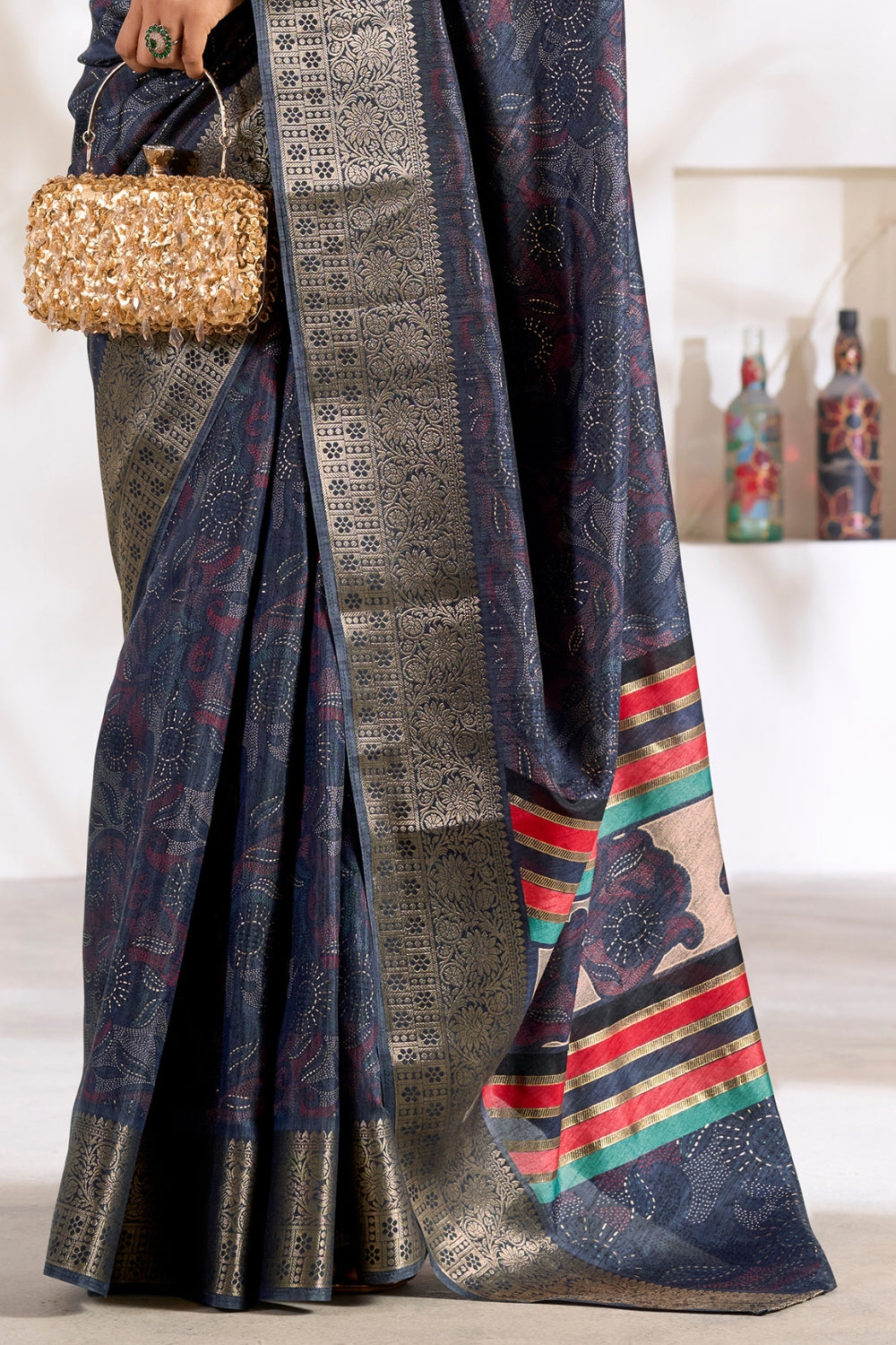 Dark Blue Soft Dola With Foil Print Saree