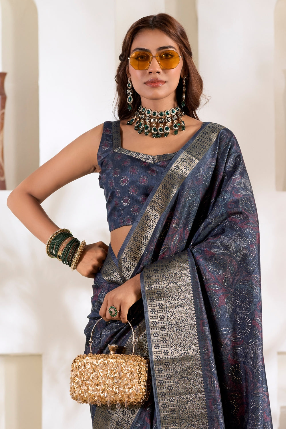 Dark Blue Soft Dola With Foil Print Saree