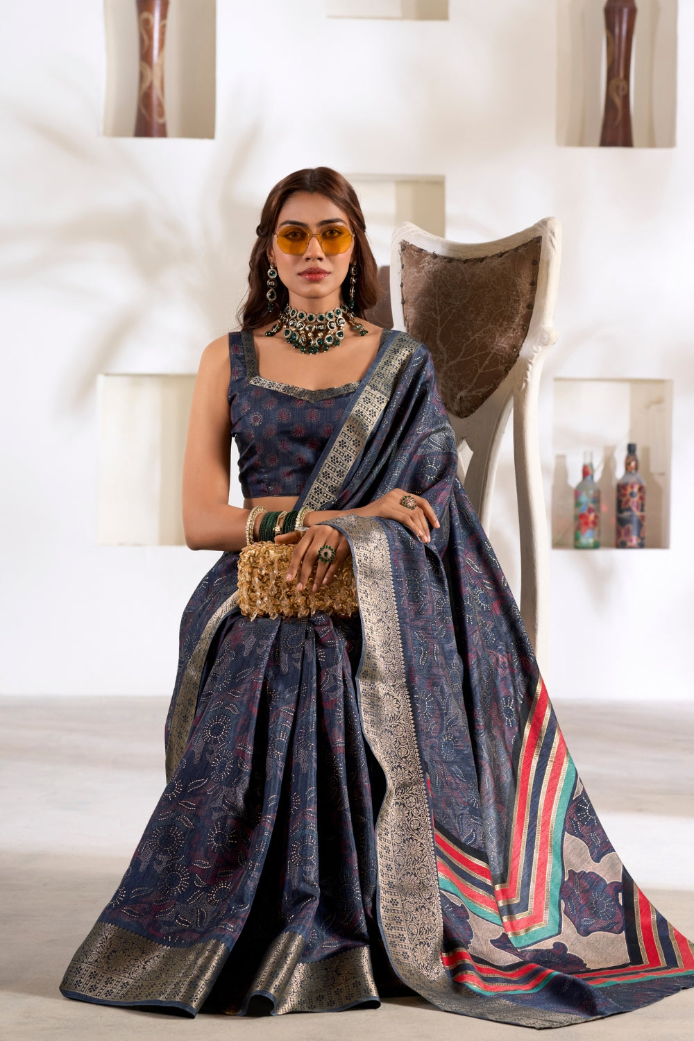 Dark Blue Soft Dola With Foil Print Saree