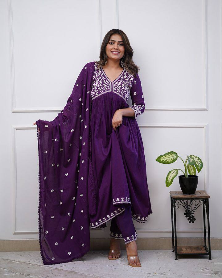 Purple Women Embroidered Vichitra SILK kurta Set