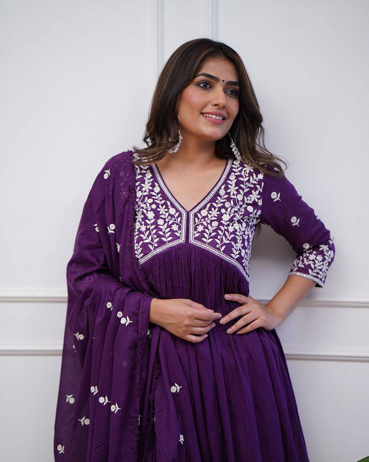 Purple Women Embroidered Vichitra SILK kurta Set