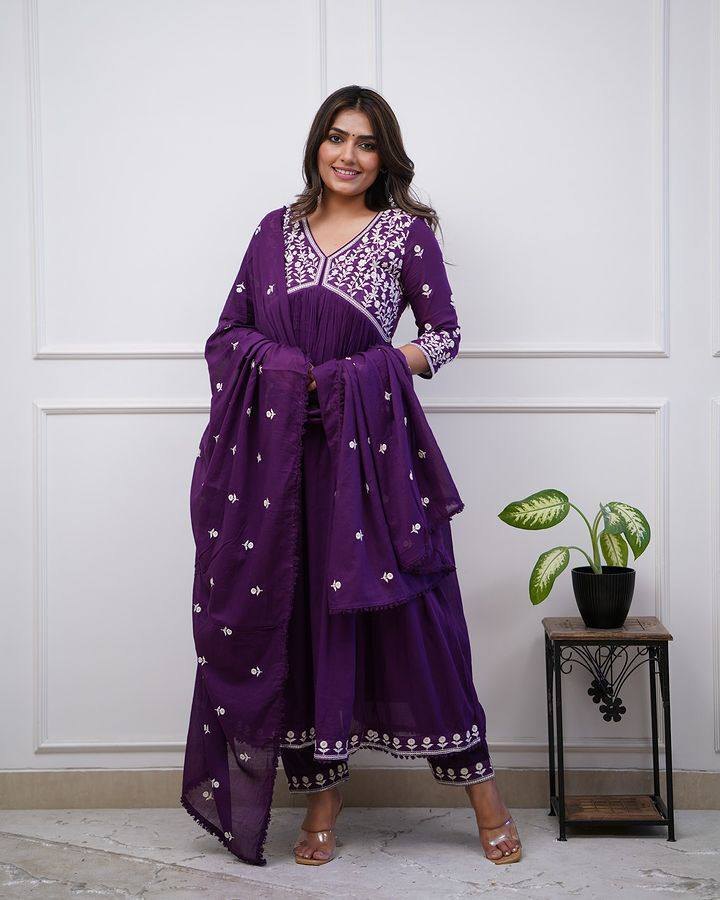 Purple Women Embroidered Vichitra SILK kurta Set