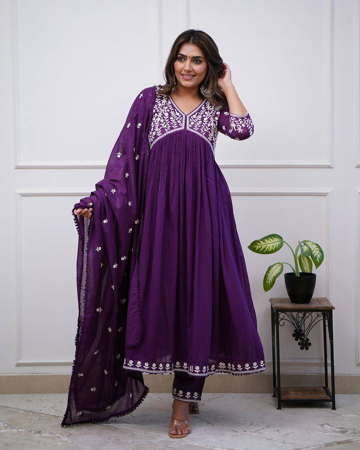 Purple Women Embroidered Vichitra SILK kurta Set