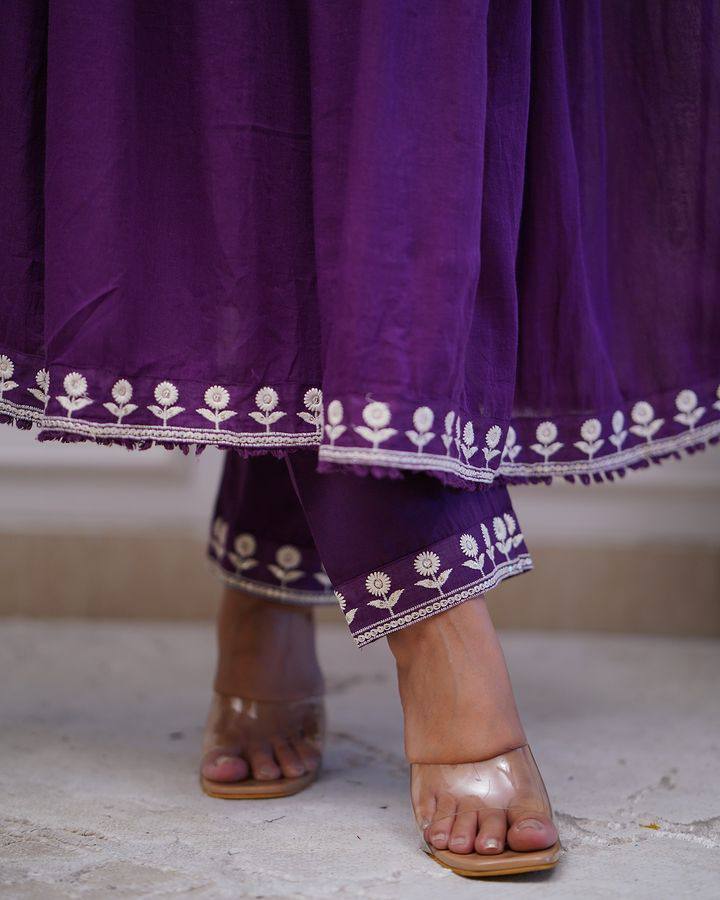 Purple Women Embroidered Vichitra SILK kurta Set