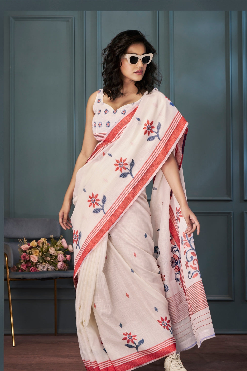 Beige Handloom Linen with Beautiful Weaving Saree