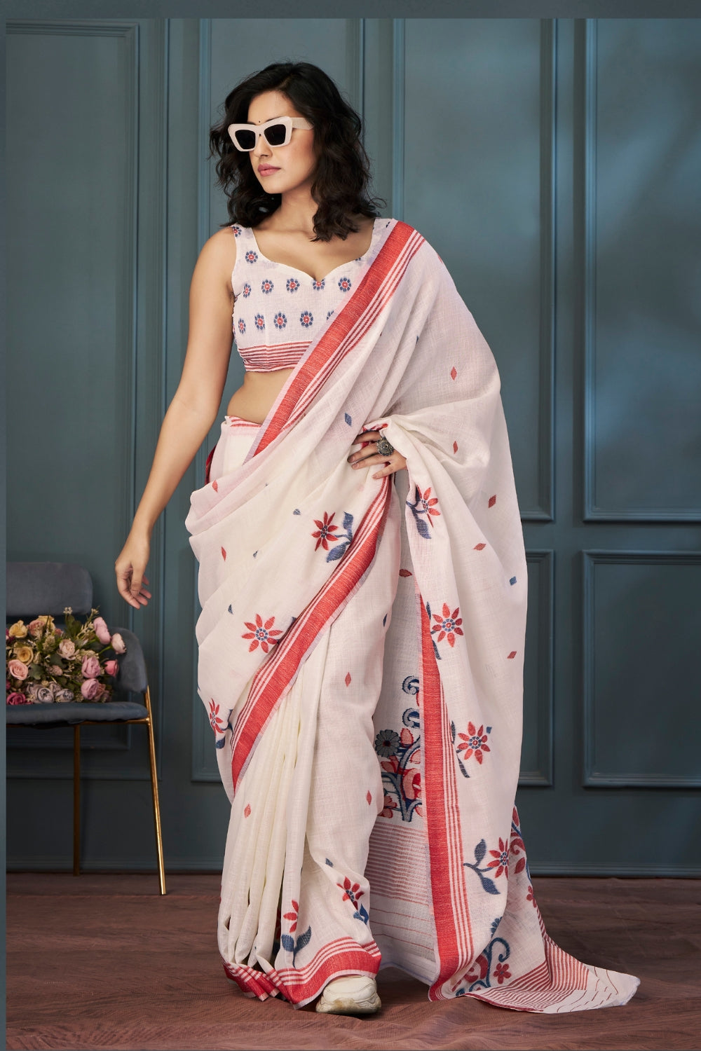 Beige Handloom Linen with Beautiful Weaving Saree