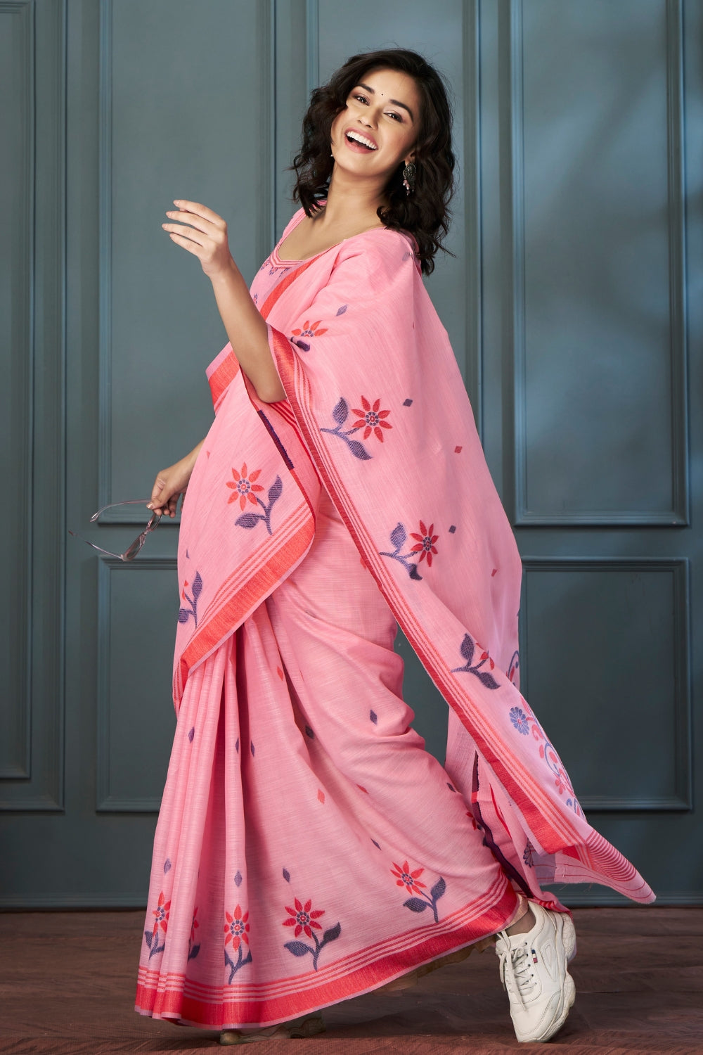 Pink Handloom Linen with Beautiful Weaving Saree