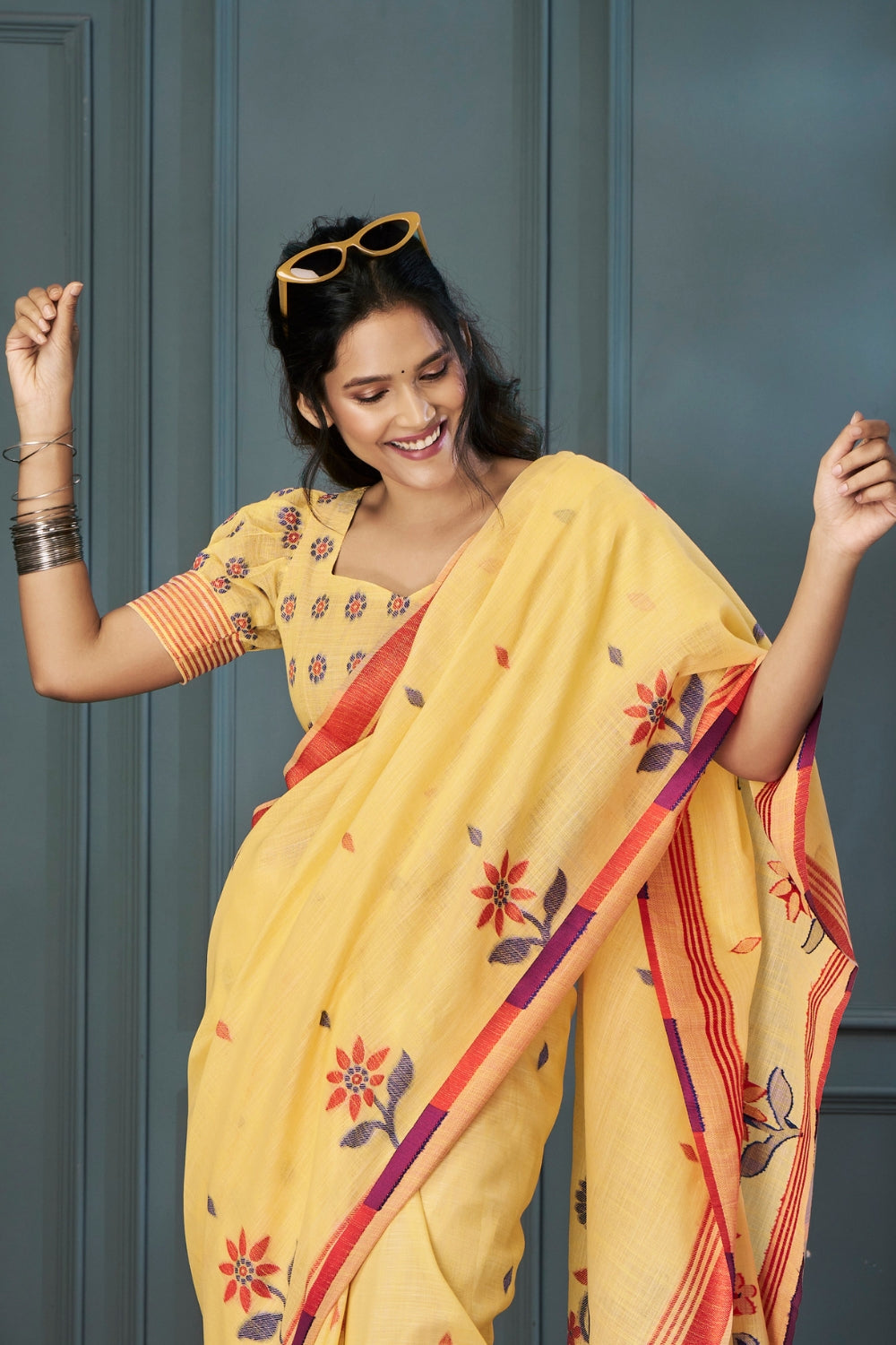 Yellow Handloom Linen with Beautiful Weaving Saree