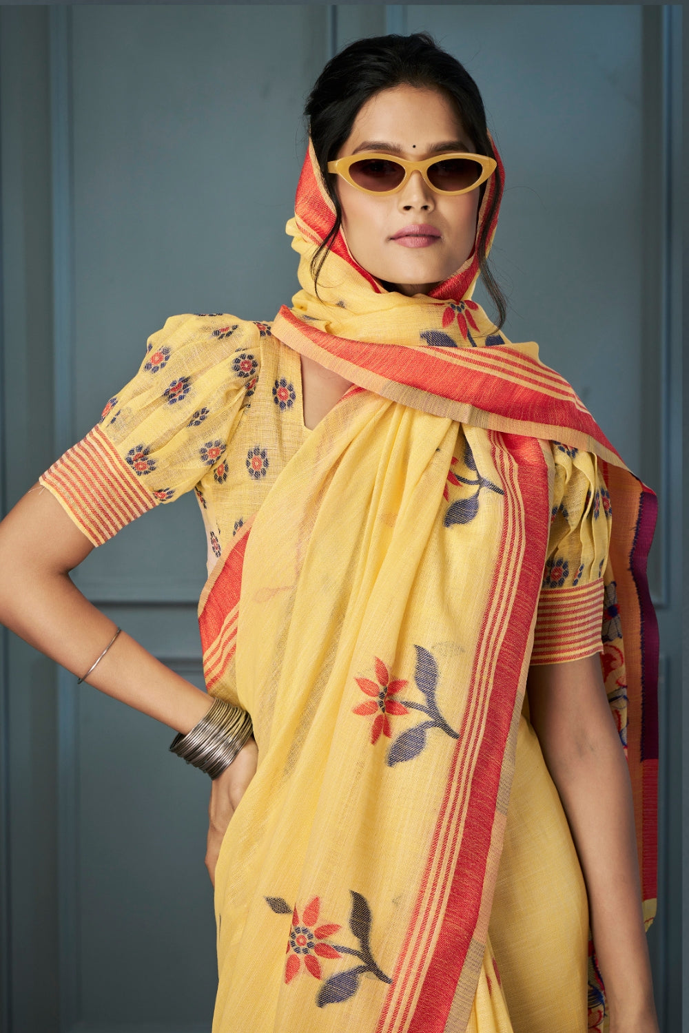 Yellow Handloom Linen with Beautiful Weaving Saree