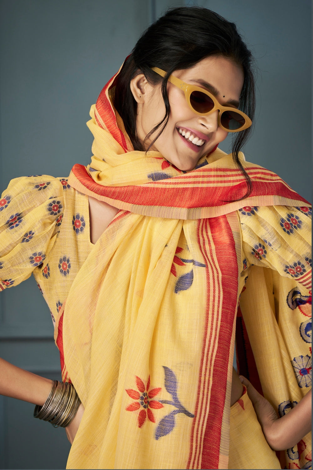 Yellow Handloom Linen with Beautiful Weaving Saree