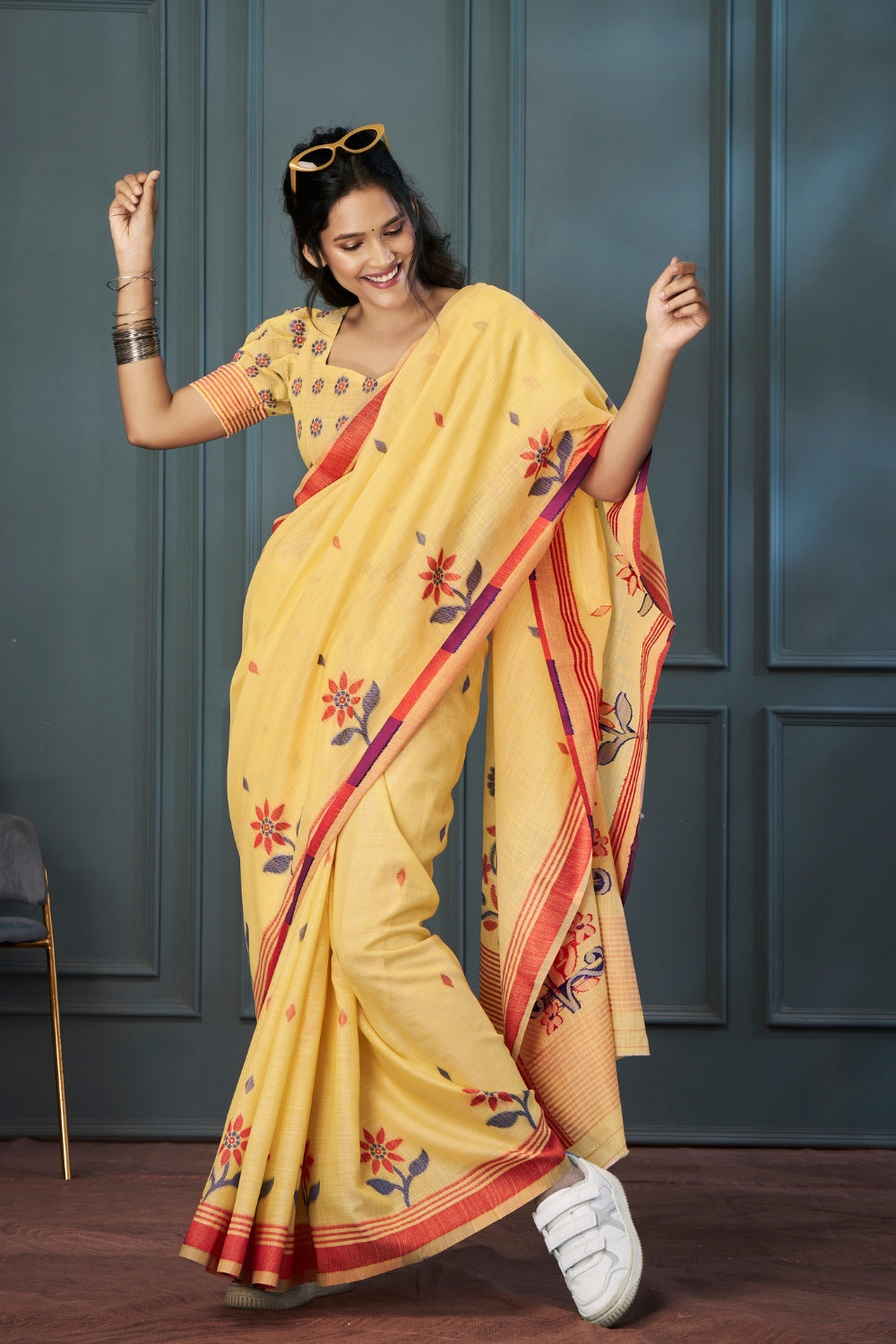 Yellow Handloom Linen with Beautiful Weaving Saree