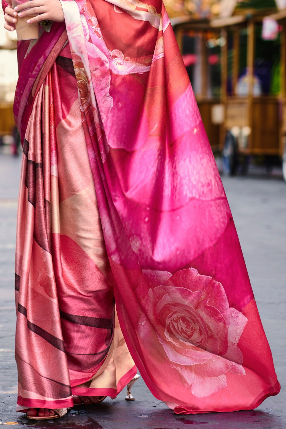 Dark Pink Sattin Digital Print Saree