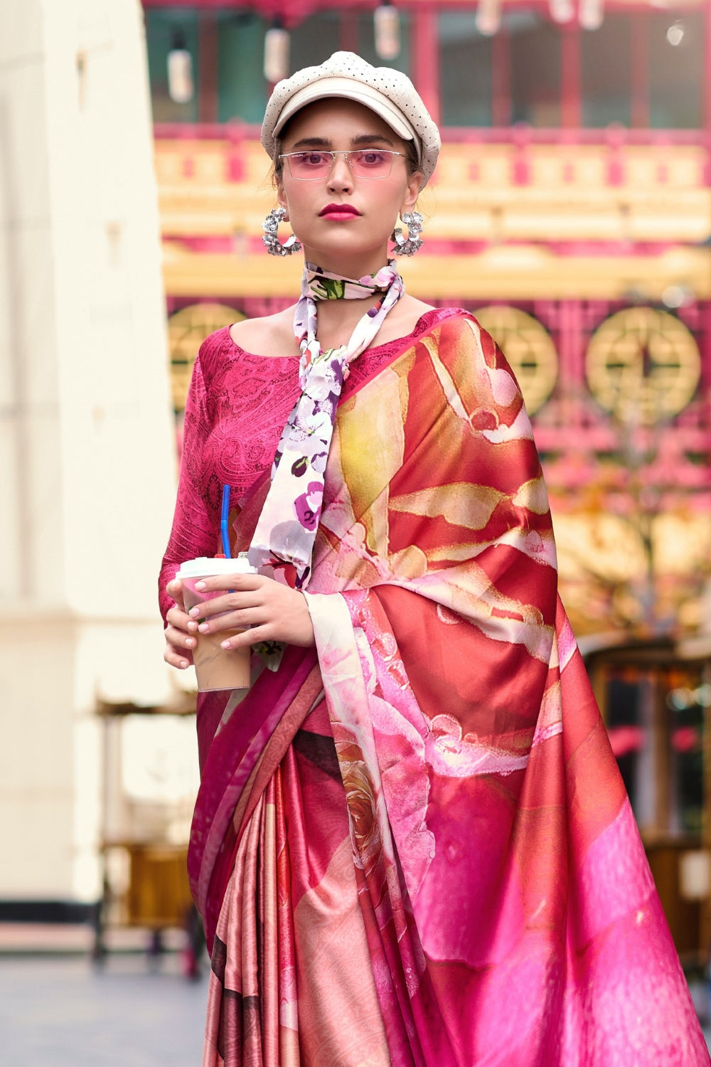 Dark Pink Sattin Digital Print Saree