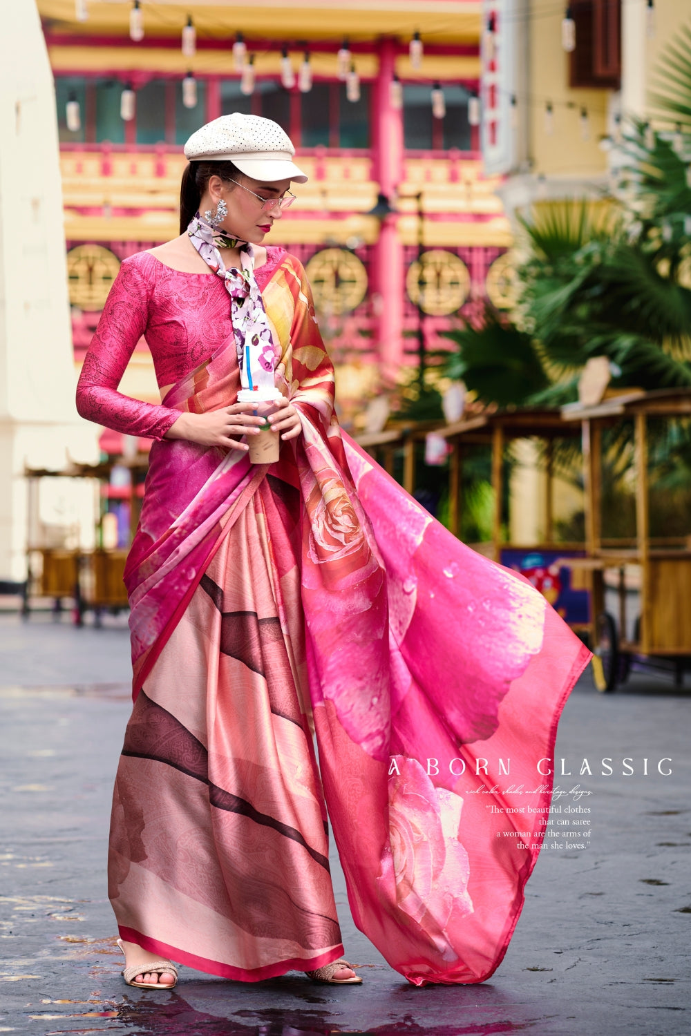 Dark Pink Sattin Digital Print Saree