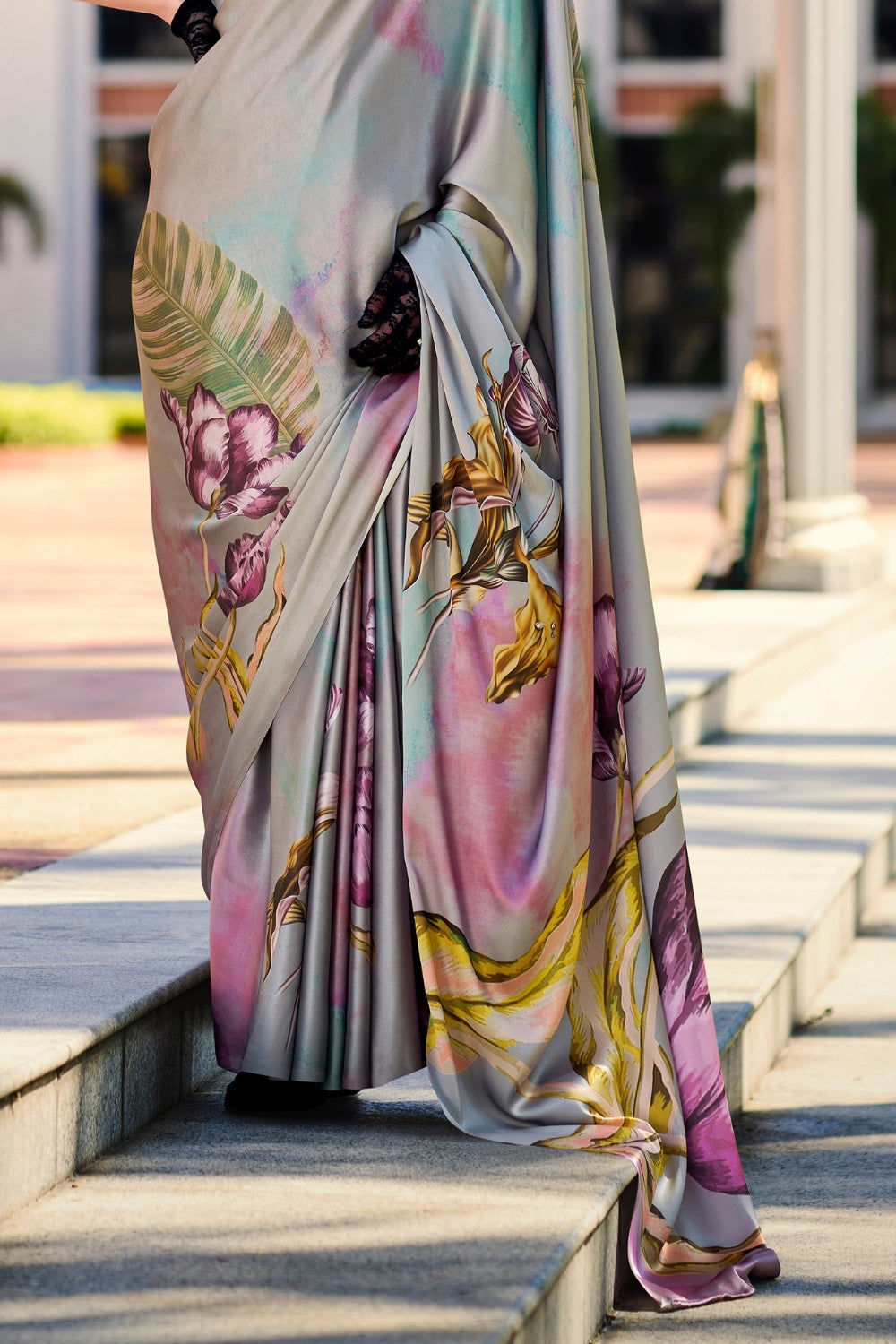 Grey Sattin Digital Print Saree