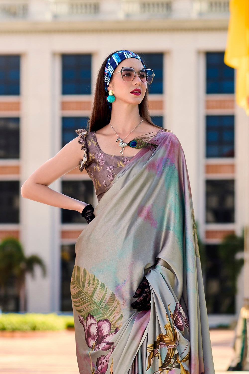 Grey Sattin Digital Print Saree