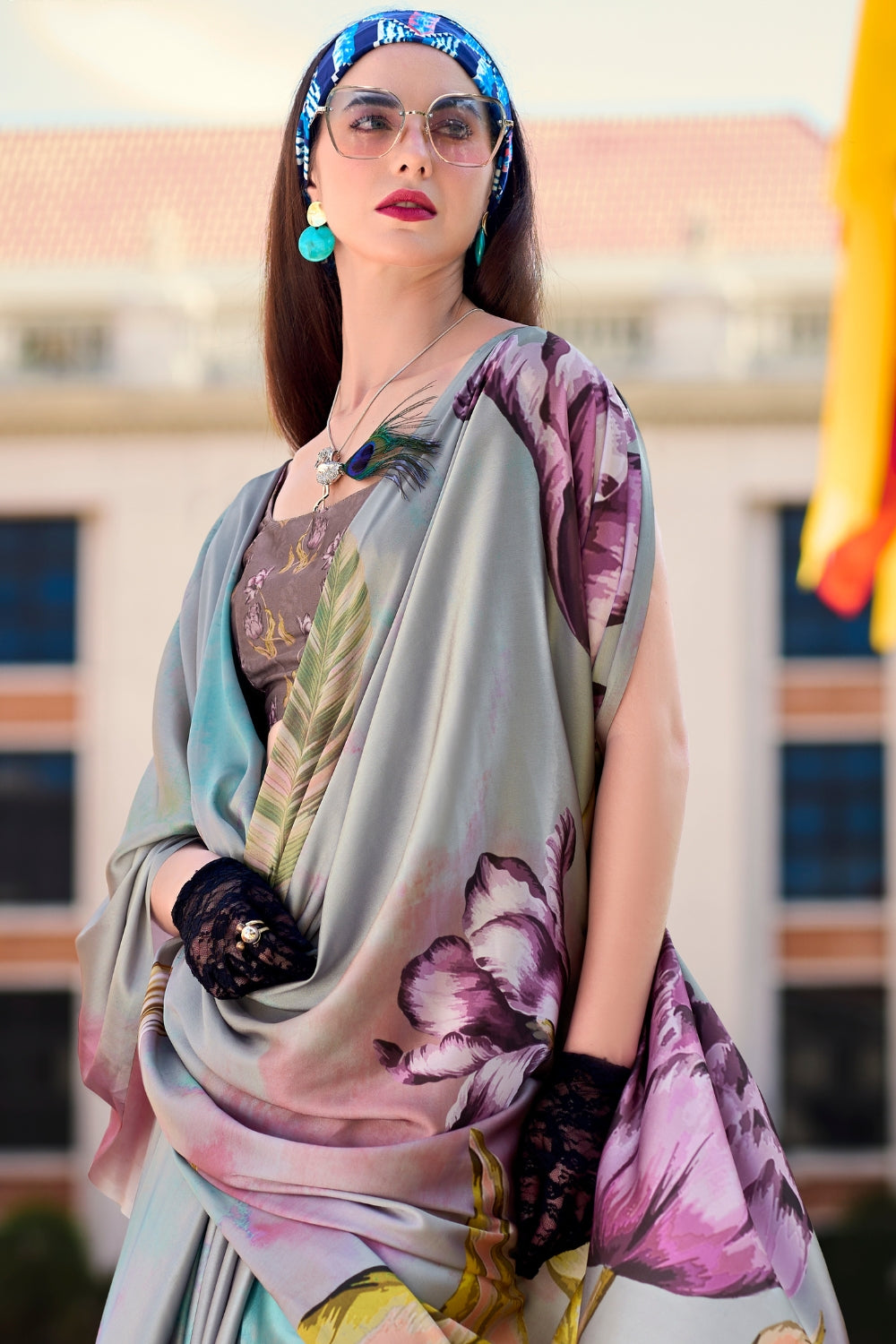 Grey Sattin Digital Print Saree