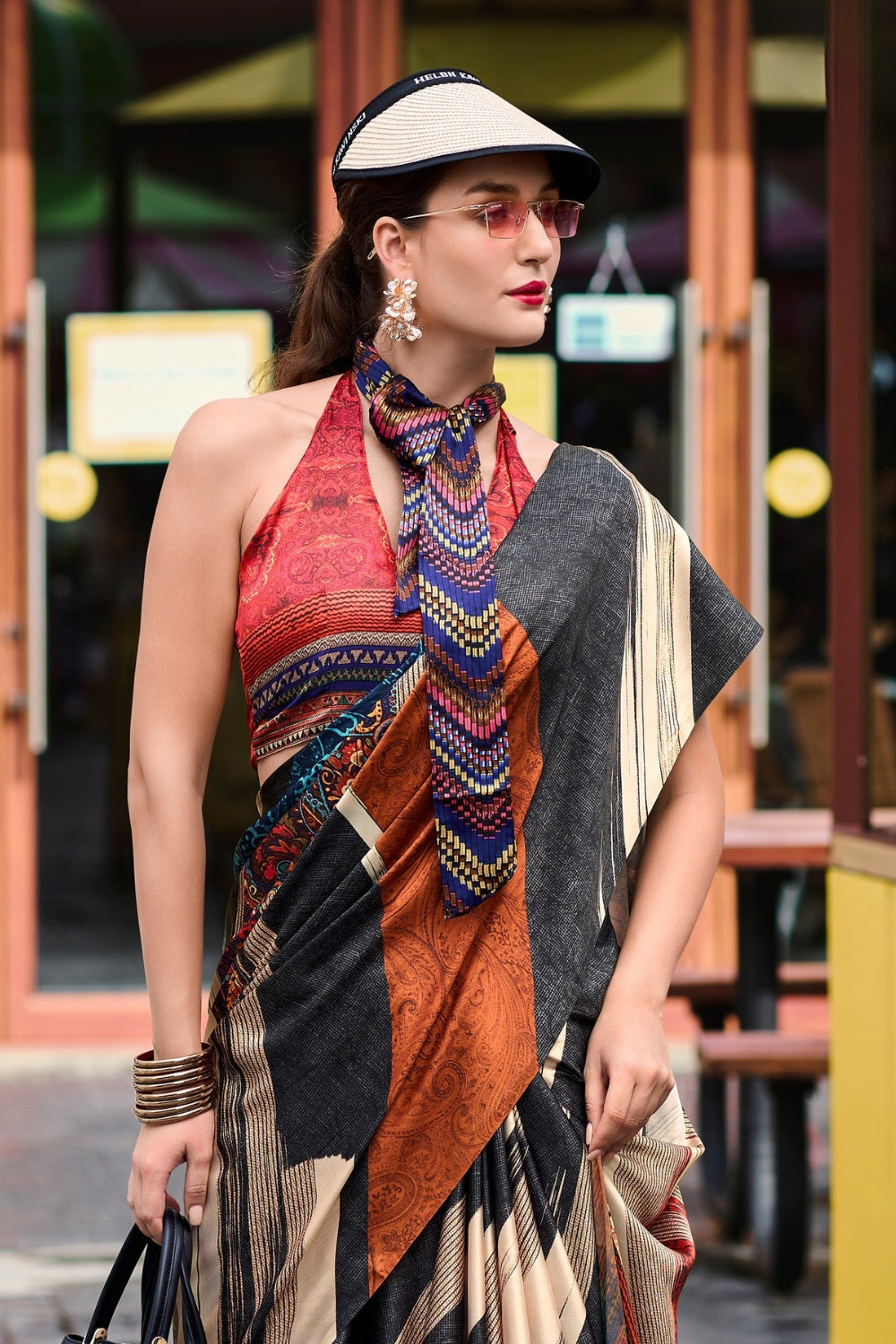 Black Sattin Digital Print Saree