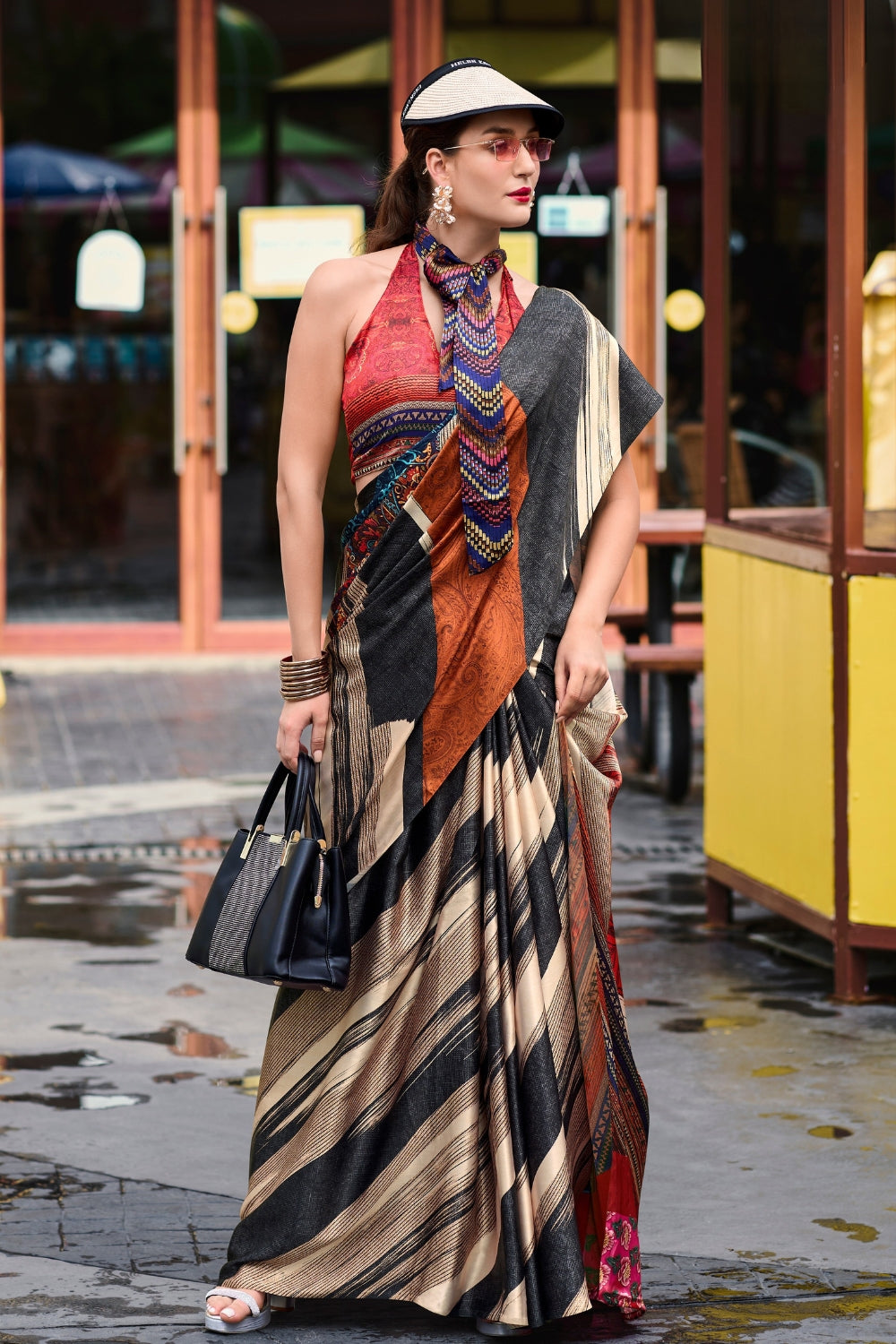 Black Sattin Digital Print Saree