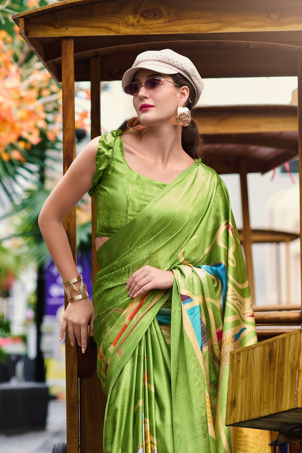 Lime Green Sattin Digital Print Saree