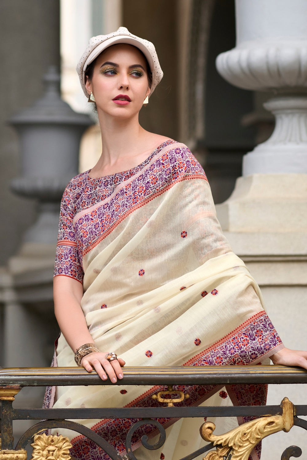 Cream SOFT LINEN COTTON Saree