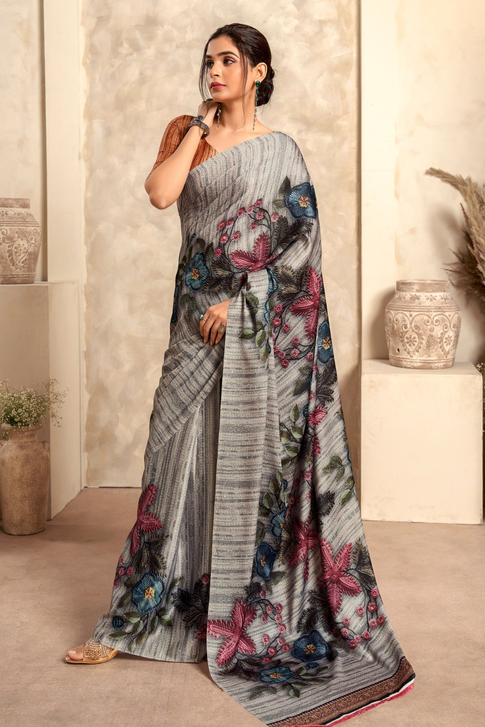 Multicolor Satin Crepe Saree