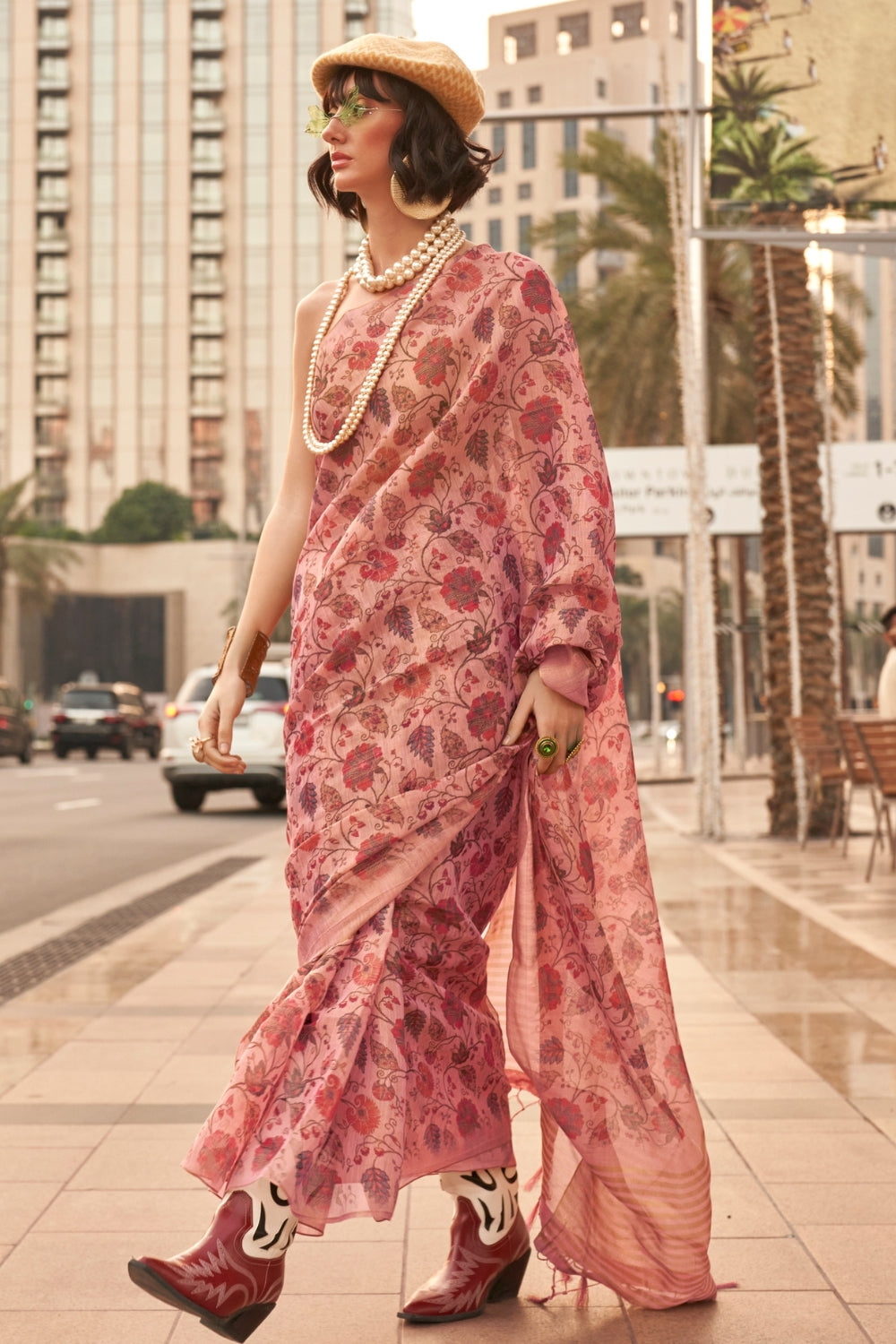 Peach Pink Printed Tissue Saree