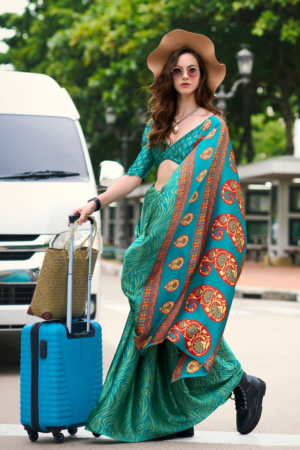 Green Japan SATIN Saree