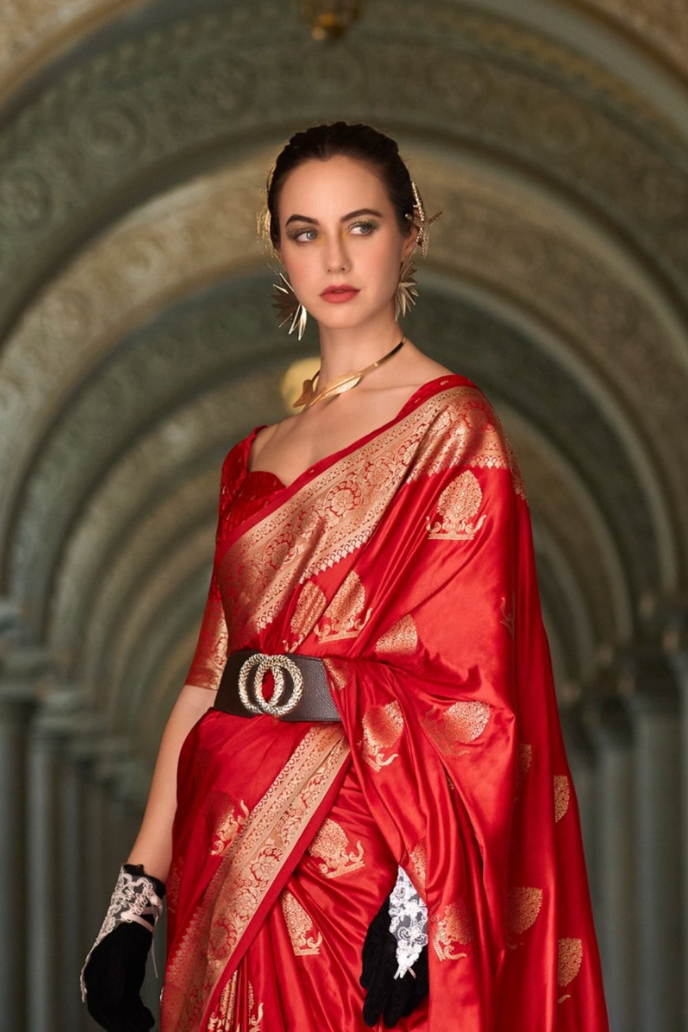 Red Sattin Mungha Silk Saree