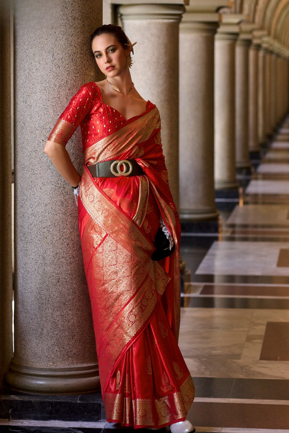 Red Sattin Mungha Silk Saree