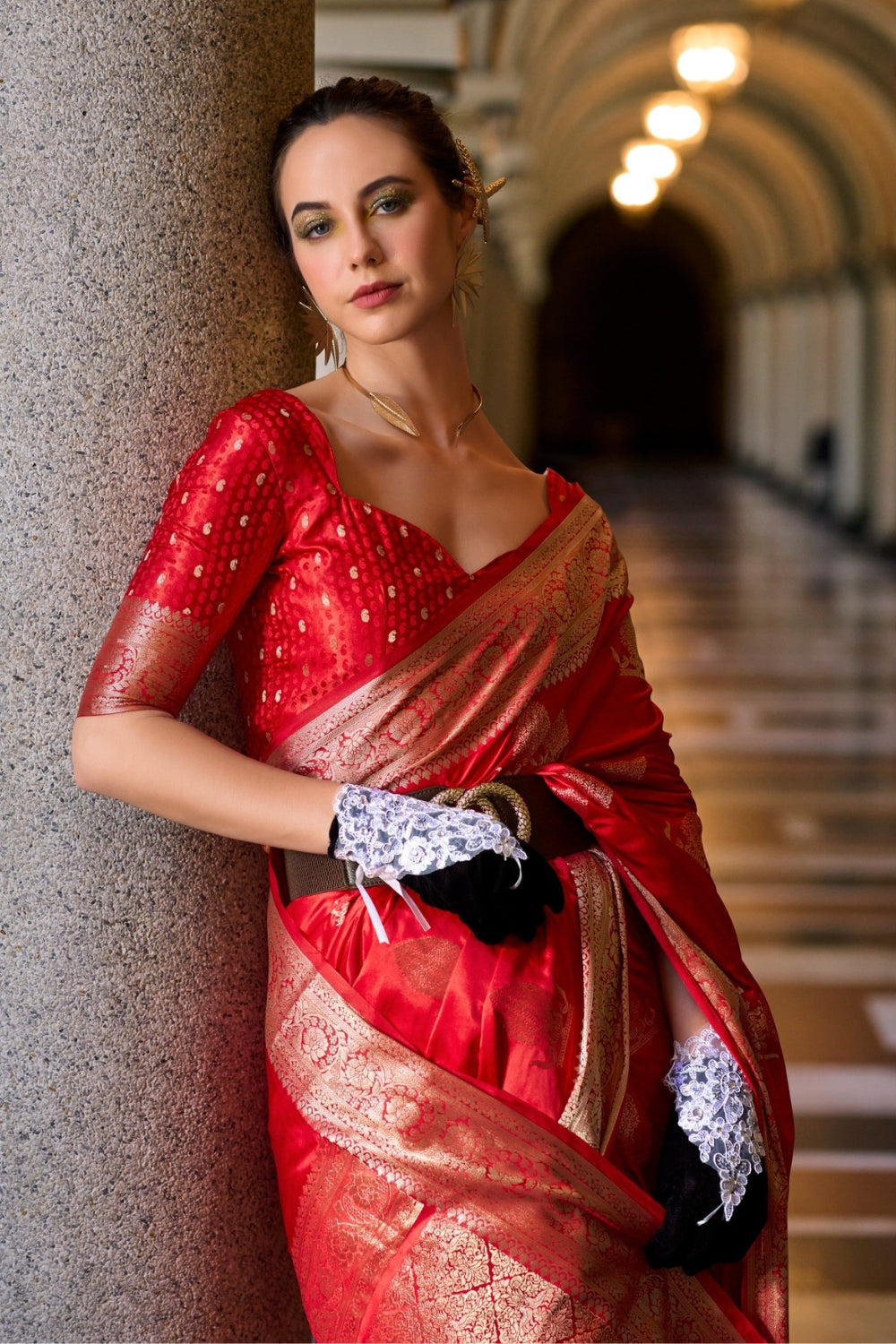 Red Sattin Mungha Silk Saree