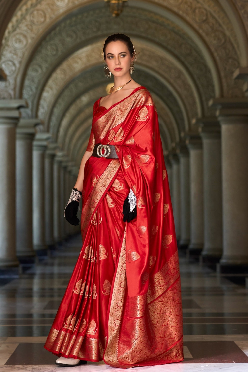 Red Sattin Mungha Silk Saree