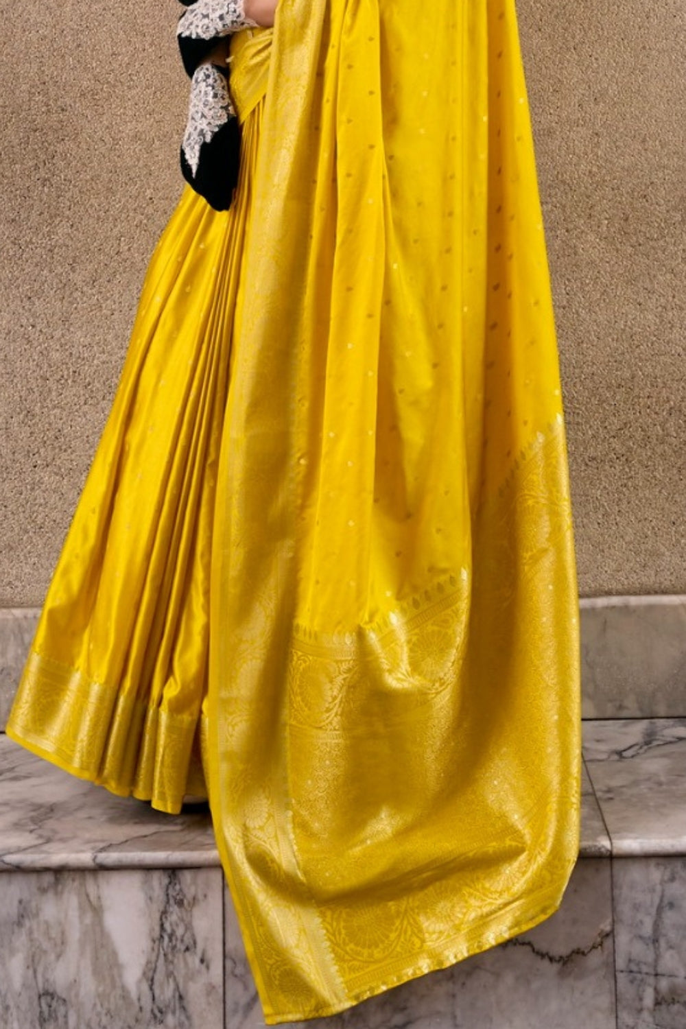 Yellow Sattin Mungha Silk Saree