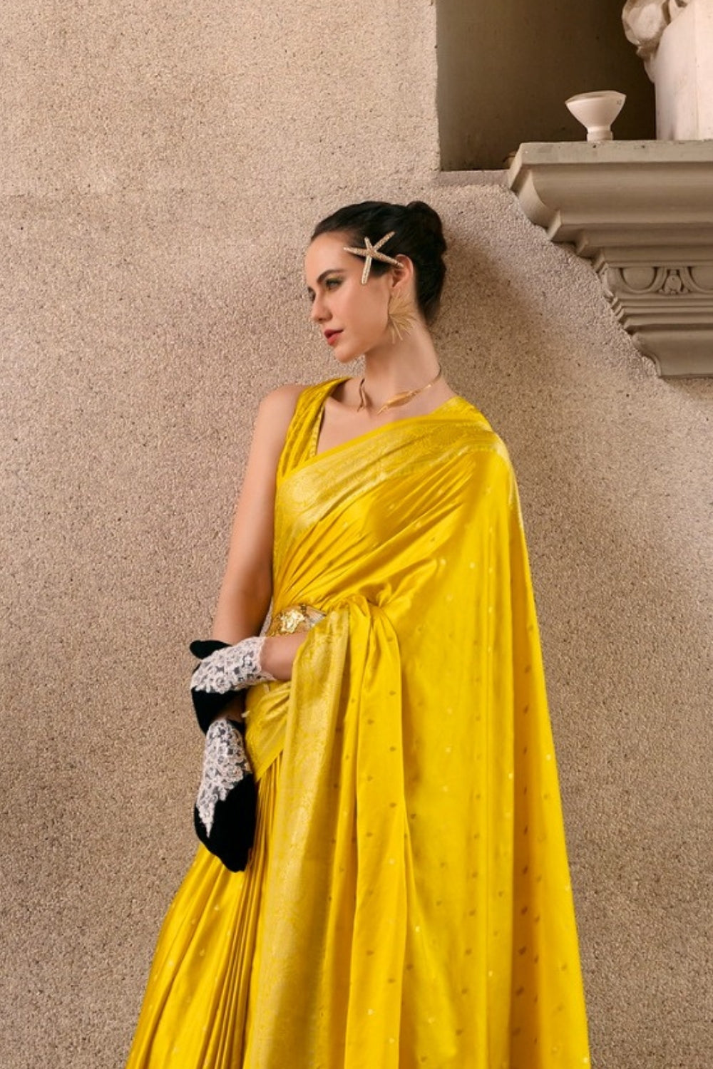 Yellow Sattin Mungha Silk Saree