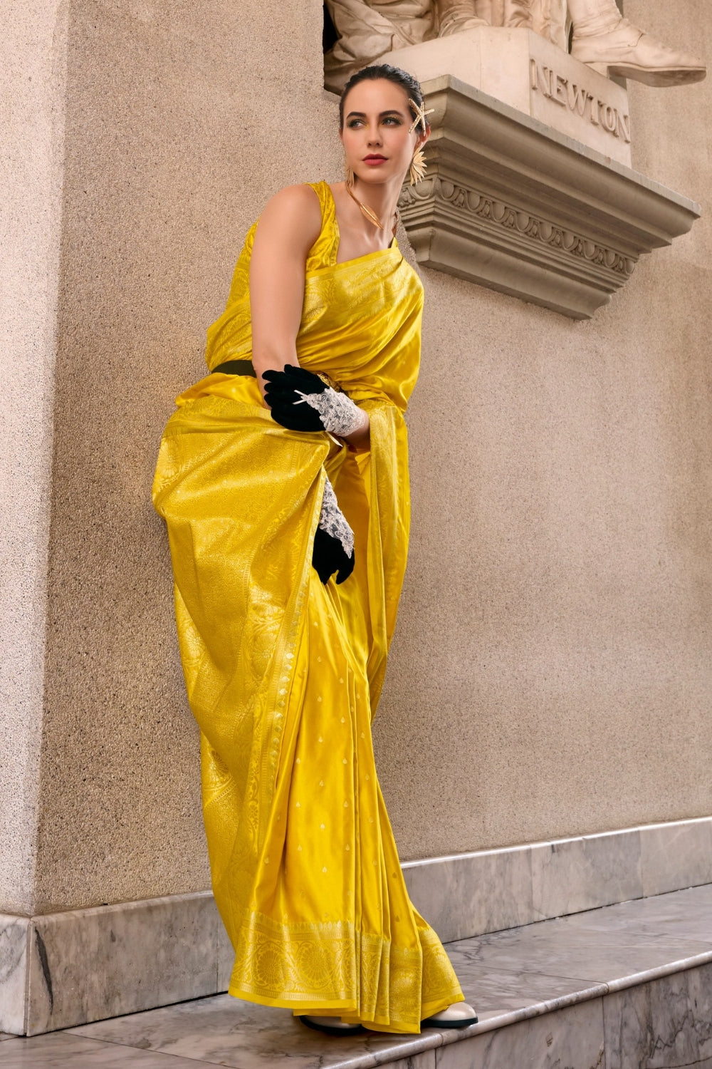 Yellow Sattin Mungha Silk Saree