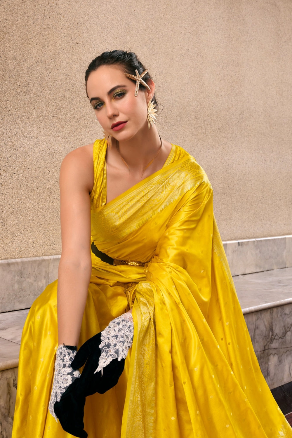 Yellow Sattin Mungha Silk Saree