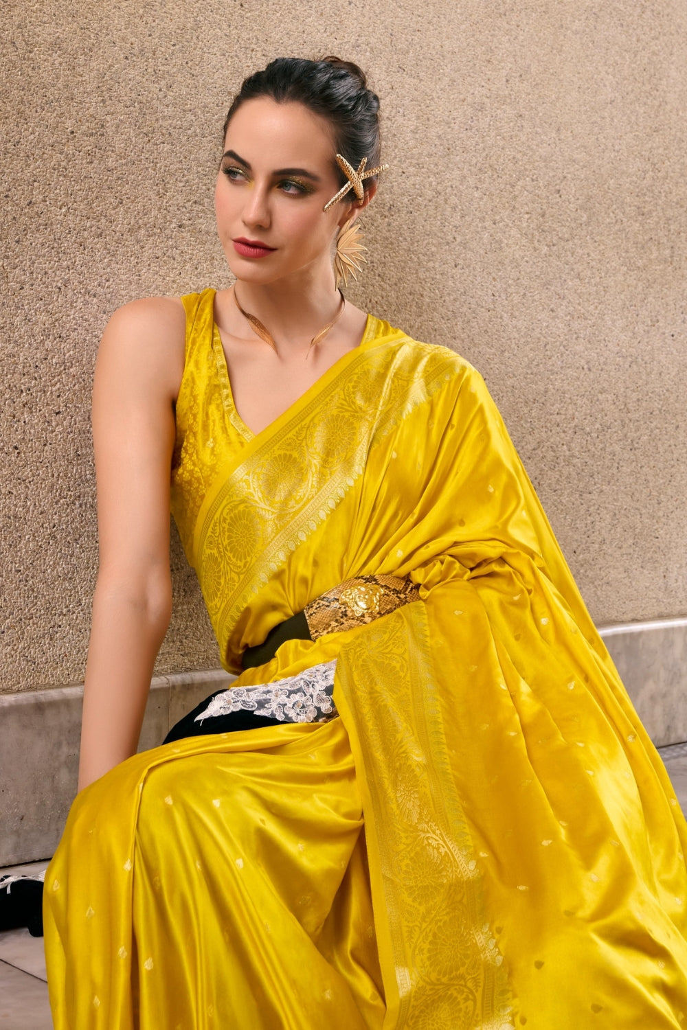 Yellow Sattin Mungha Silk Saree