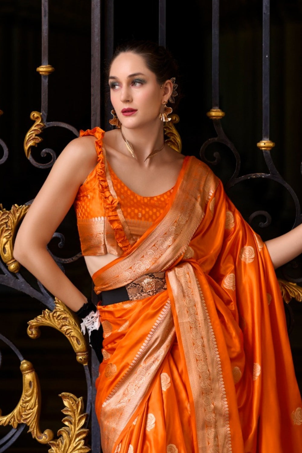 Orange Sattin Mungha Silk Saree