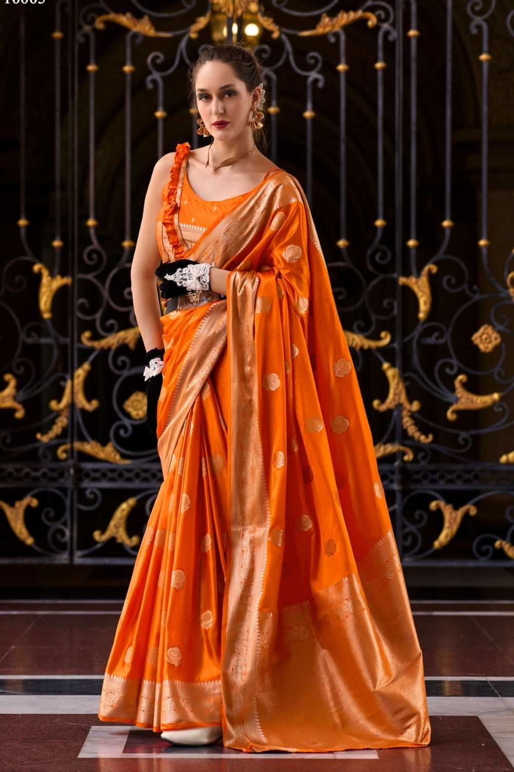 Orange Sattin Mungha Silk Saree