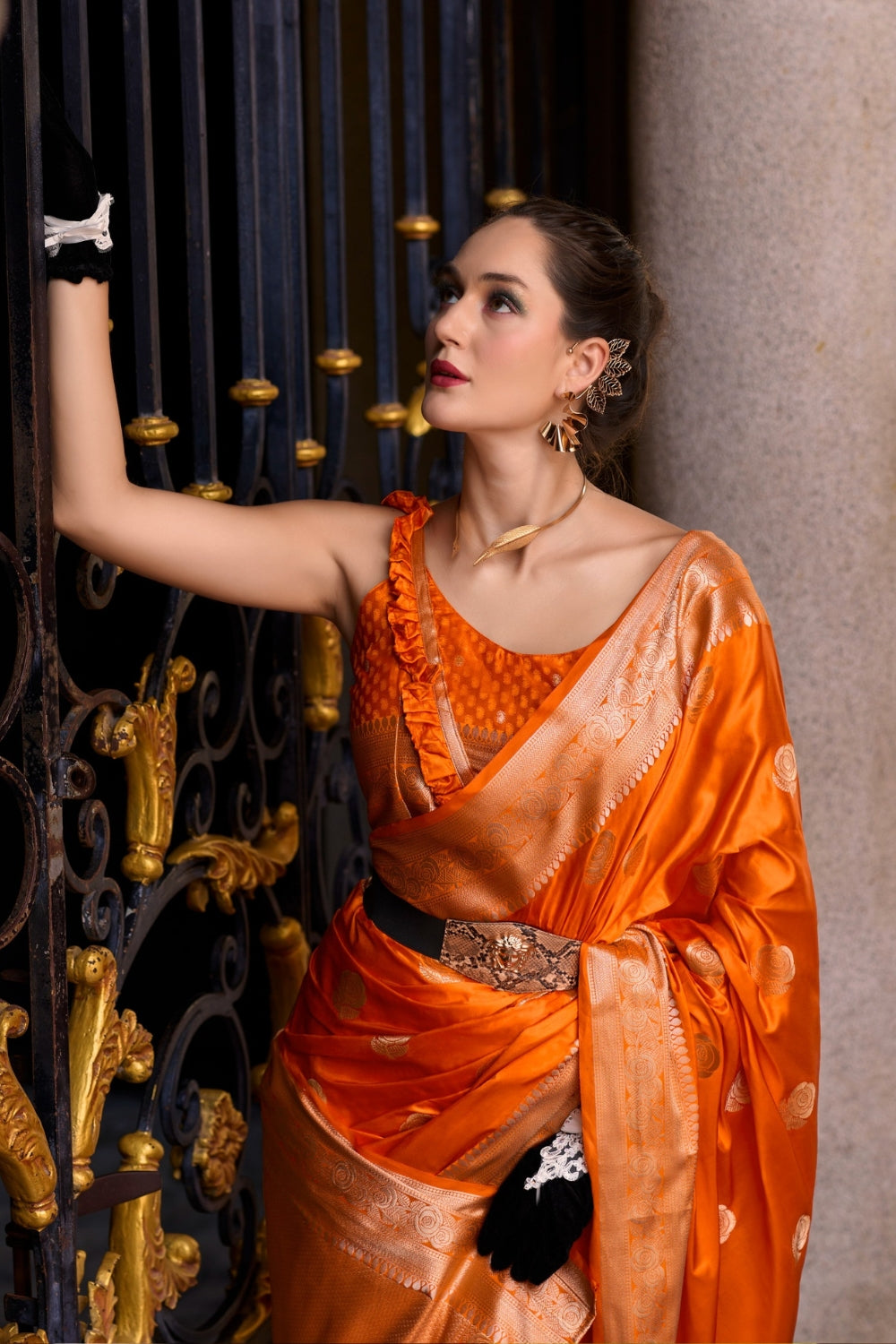 Orange Sattin Mungha Silk Saree