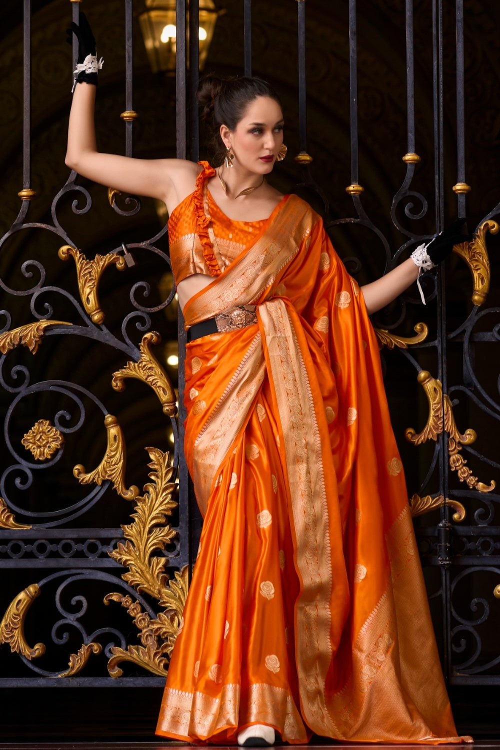 Orange Sattin Mungha Silk Saree