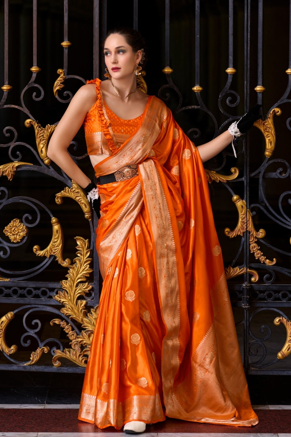 Orange Sattin Mungha Silk Saree